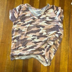 Pink, purple, and white camo t shirt.